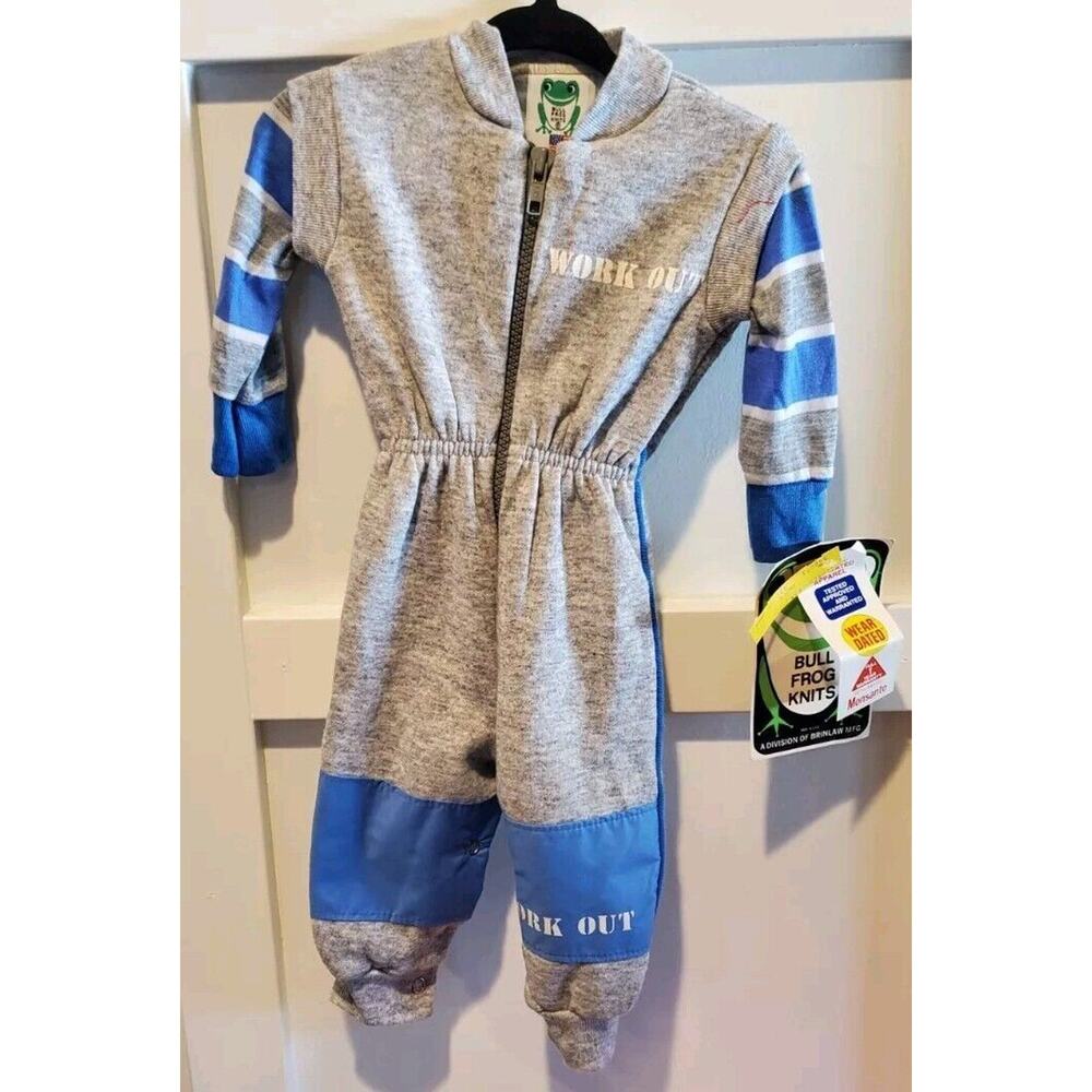 Vtg USA Fleece Lined Gray Blue Bull Frog Knits Romper NOS Size 3-6 Mon Monsanto